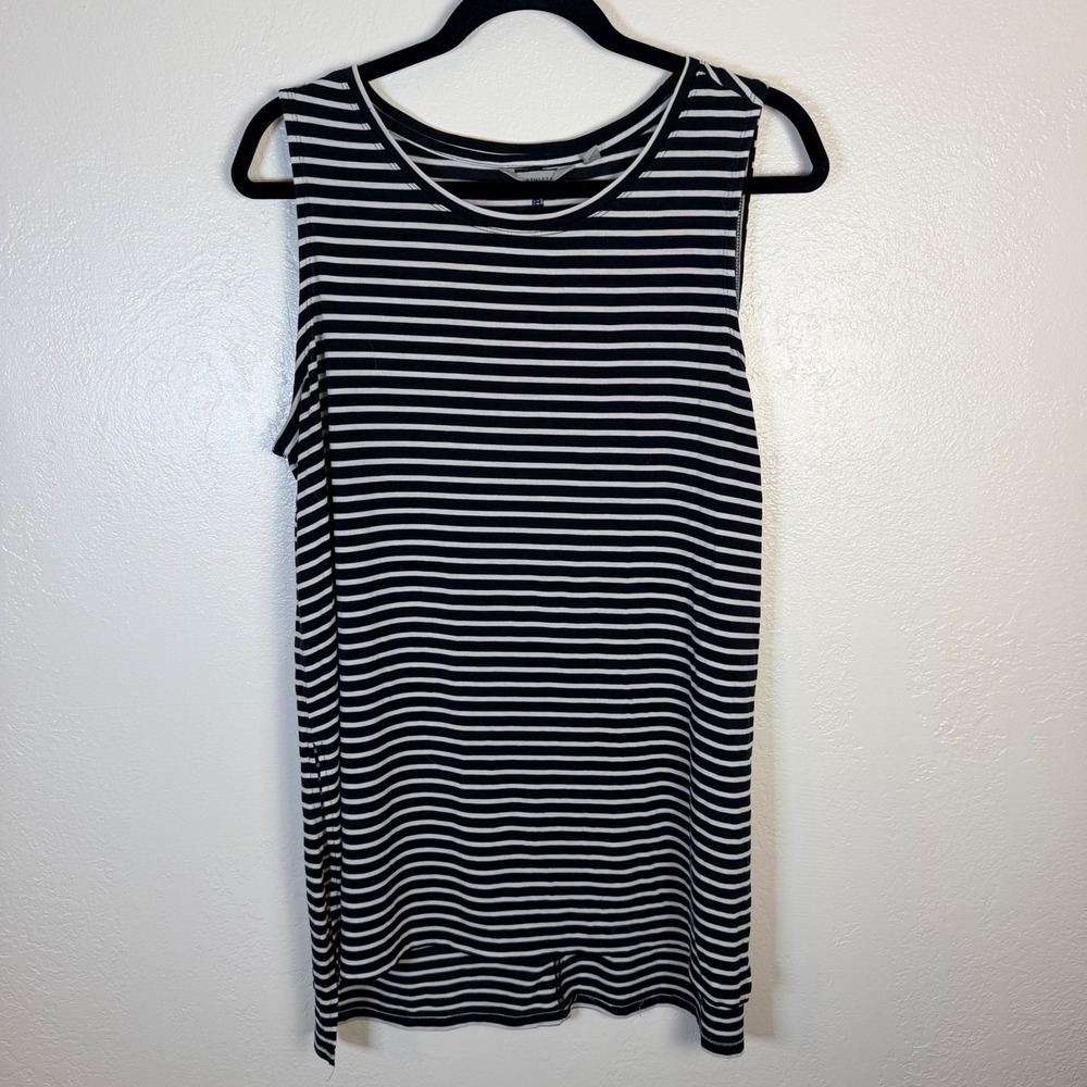 Athleta Womens L Black White Striped Tencel Blend Sleeveless Top Athlesiure